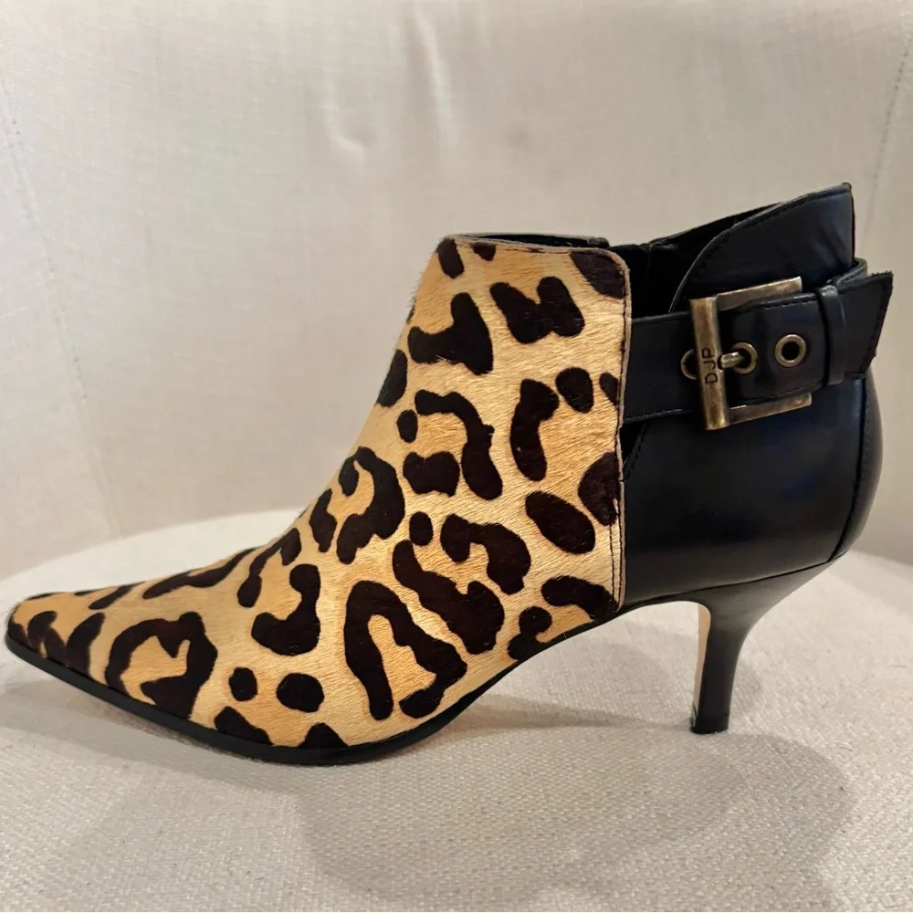 DONALD J. PLINER LURE Calf Hair Animal Print Kitten Heel Buckle Booties Size 8